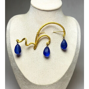 Rare Cecile Jeanne Paris Couture Design Statement Brooch Blue Lucite Matte Gold